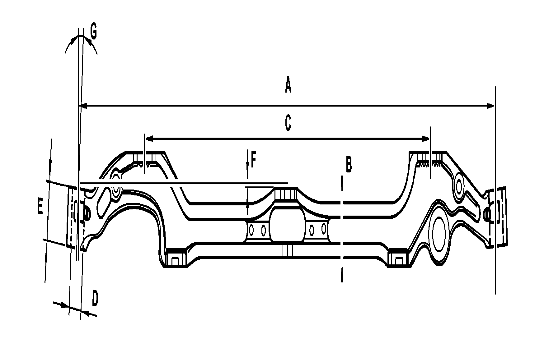 Front axle beam, check alignment, inspect, process