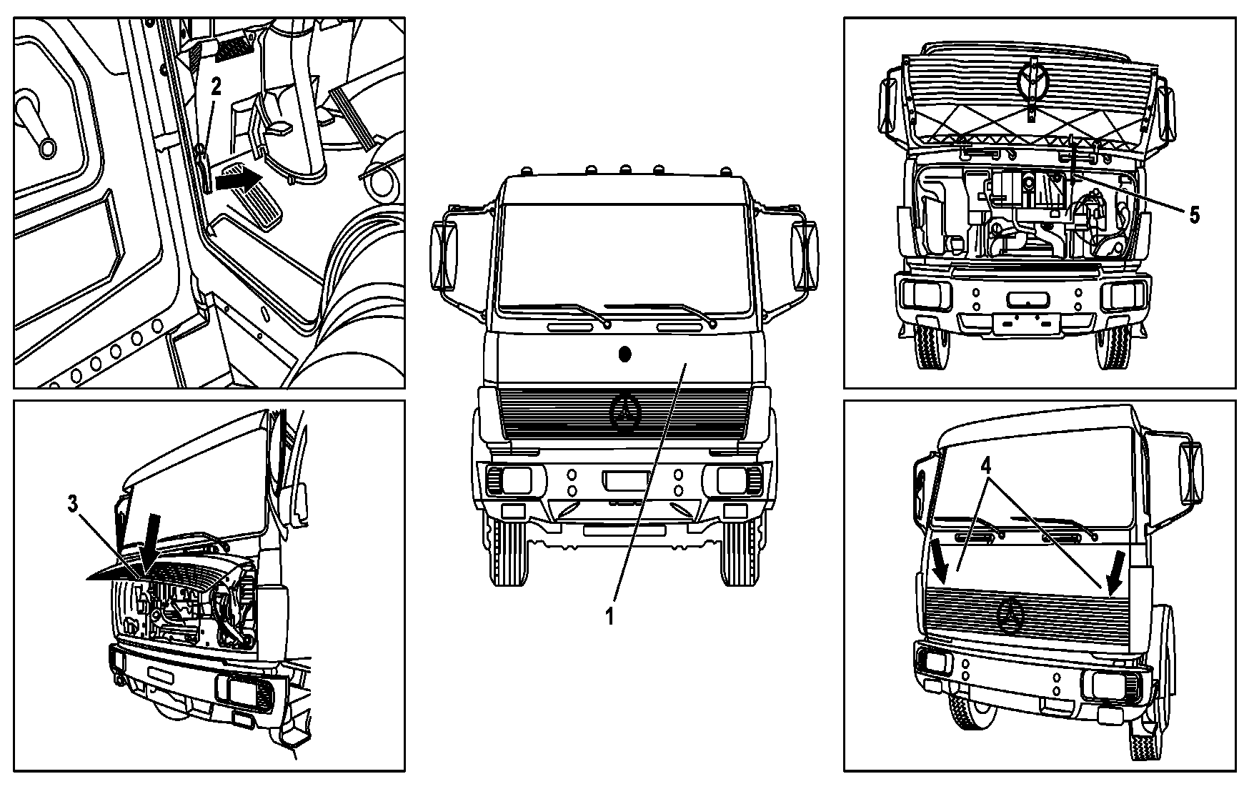 Opening engine hood, moving to upright position and closing