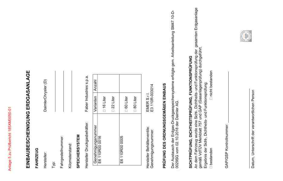 Kundendienstmaßnahme: Prüfbericht (Codewort: T1NGASDRU, Verr. Nr.: 47 920 60),  
	Bescheinigung
