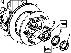 Measure wheel bearing play at front wheel hub, adjust