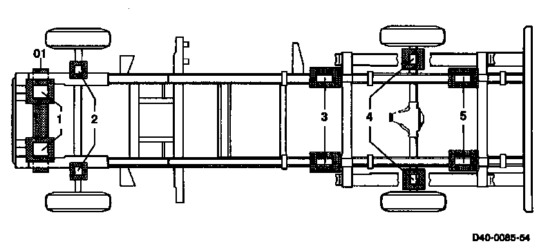 0006 - General description: Jacking up the vehicle                              
	Axle base and frame measurement                                                 
	T1, model 601, 602, 611