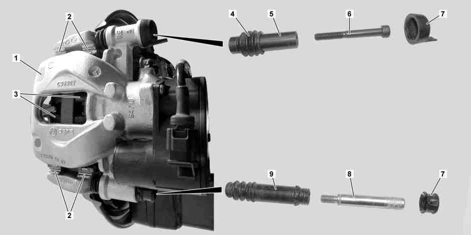 Remove/install rear axle brake caliper guide