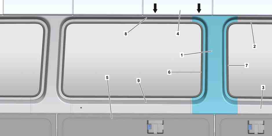 Smontare, montare il rivestimento del telaio del finestrino tra il finestrino   
	lato anteriore e il finestrino al centro sulla fiancata