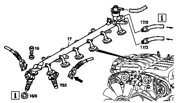 Removing and installing fuel rail with injection valves (LH-SFI)